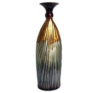 Modern Art Tall Candle Holder Golden Bronze Silver Ribbed Design Metallic Finish